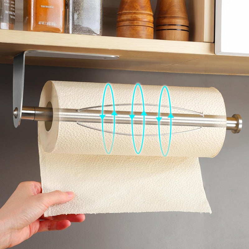 SUNTECH Paper Towel Holder Under Cabinet, One Hand Tear, Self-Adhesive or Drilling Paper Towel Rack Wall Mount for Kitchen, Stainless Steel - Image 1
